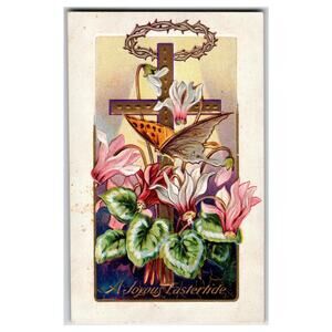 1910 Embossed Easter Cross Butterfly Cyclamen Flowers Religious Postcard